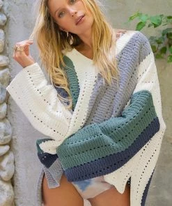 POL TOPS Keeley Striped Chenille Sweater - Green