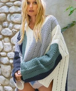 POL TOPS Keeley Striped Chenille Sweater - Green