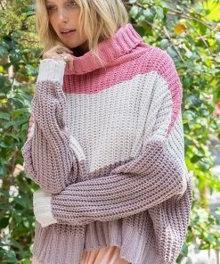 POL TOPS Gabi Color Block Chenille Sweater - Bubblegum Pink