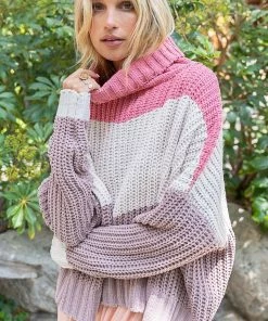 POL TOPS Gabi Color Block Chenille Sweater - Bubblegum Pink