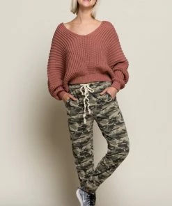 POL Your Own World Knit V-Neck Sweater - Cedar TOPS