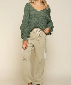 POL TOPS Your Own World Knit V-Neck Sweater - Green