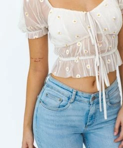 LE LIS BEST SELLERS Breezy Floral Embroidery Mesh Crop Top