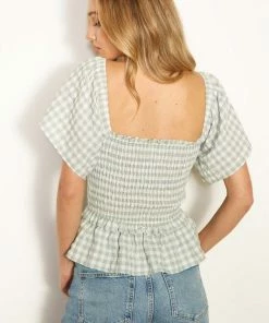 MITTOSHOP Erin Gingham Smocked Top TOPS