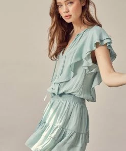 MUSTARD SEED DATE NIGHT Kaylie Satin Smocked Ruffle Dress - Mint