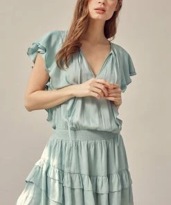 MUSTARD SEED DATE NIGHT Kaylie Satin Smocked Ruffle Dress - Mint