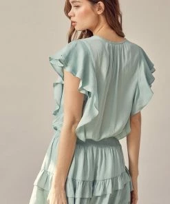 MUSTARD SEED DATE NIGHT Kaylie Satin Smocked Ruffle Dress - Mint