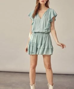 MUSTARD SEED DATE NIGHT Kaylie Satin Smocked Ruffle Dress - Mint