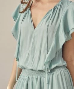 MUSTARD SEED DATE NIGHT Kaylie Satin Smocked Ruffle Dress - Mint