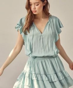 MUSTARD SEED DATE NIGHT Kaylie Satin Smocked Ruffle Dress - Mint