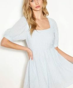 MITTOSHOP Connolly Pocketed Puff Sleeve Dress - Blue