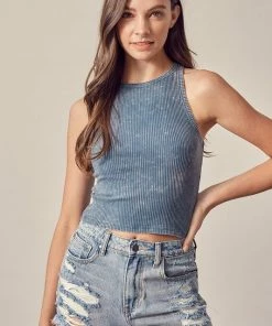 MUSTARD SEED Brooke Ribbed Cotton Crop Top - Midnight