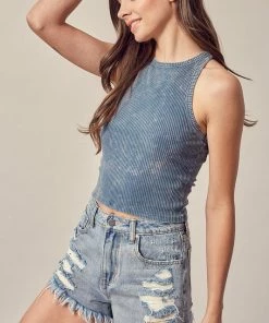 MUSTARD SEED Brooke Ribbed Cotton Crop Top - Midnight