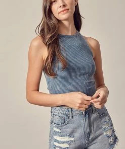 MUSTARD SEED Brooke Ribbed Cotton Crop Top - Midnight