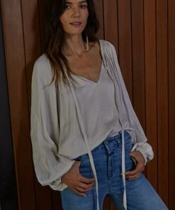 BT Harlow Satin Split Neck Blouse - Pearl BEST SELLERS