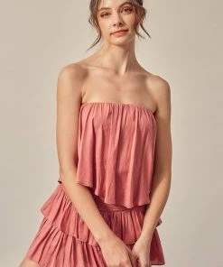 MUSTARD SEED Sally Strapless Smocked Ruffle Romper - Rose