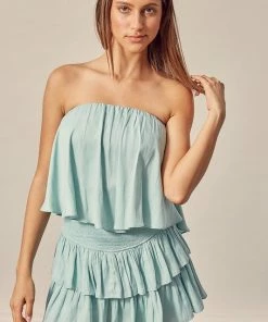 MUSTARD SEED ROMPERS + JUMPSUITS Sally Strapless Smocked Ruffle Romper - Mint
