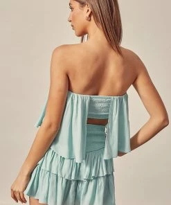 MUSTARD SEED ROMPERS + JUMPSUITS Sally Strapless Smocked Ruffle Romper - Mint