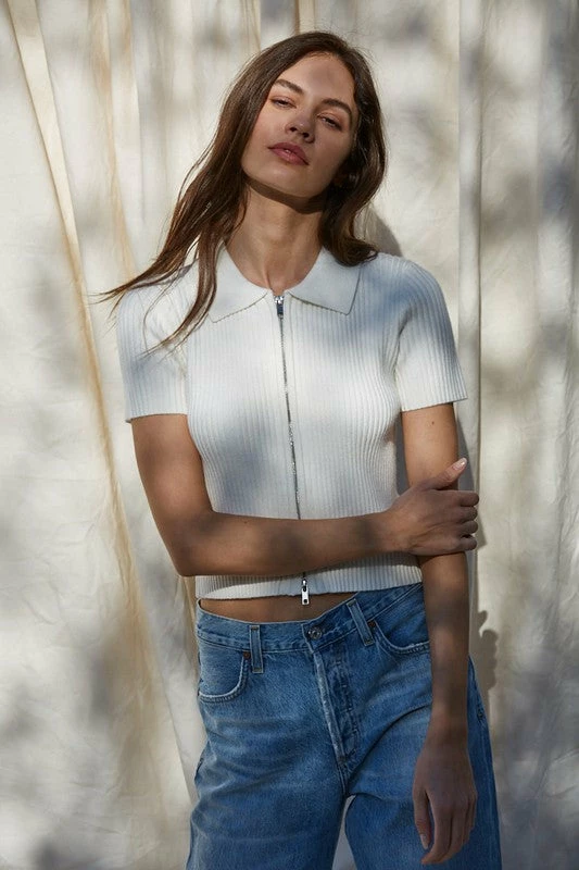 BT Bentley Collared Ribbed Zip Up Top - White 7 BT Bentley Collared Ribbed Zip Up Top - White