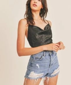 MABLE Joelle Leopard Satin Crop Top- Black