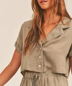 MABLE Ressi Satin Button Down Crop Top - Olive MATCHING SETS