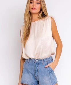 LE LIS TOPS Hilton Padded Shoulder Satin Blouse - Champagne