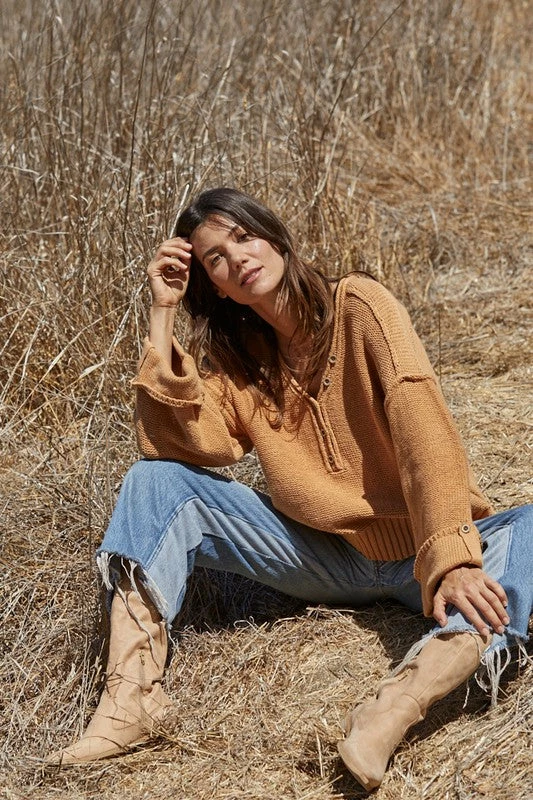 BT Ann Cotton Knit Henley Sweater - Camel 8 BT Ann Cotton Knit Henley Sweater - Camel