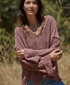 BT Ann Cotton Knit Henley Sweater - Rose TOPS