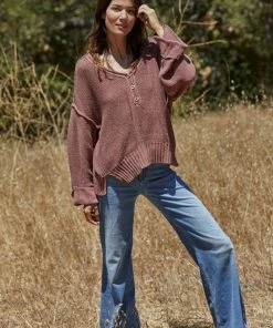 BT Ann Cotton Knit Henley Sweater - Rose TOPS