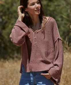 BT Ann Cotton Knit Henley Sweater - Rose TOPS