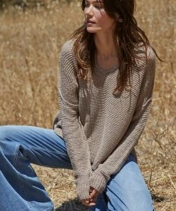 BT TOPS Chasing Rainbows Cotton V-Neck Sweater - Taupe