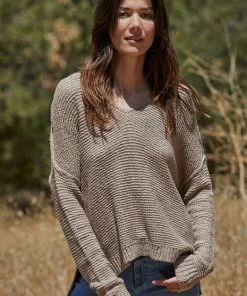 BT TOPS Chasing Rainbows Cotton V-Neck Sweater - Taupe