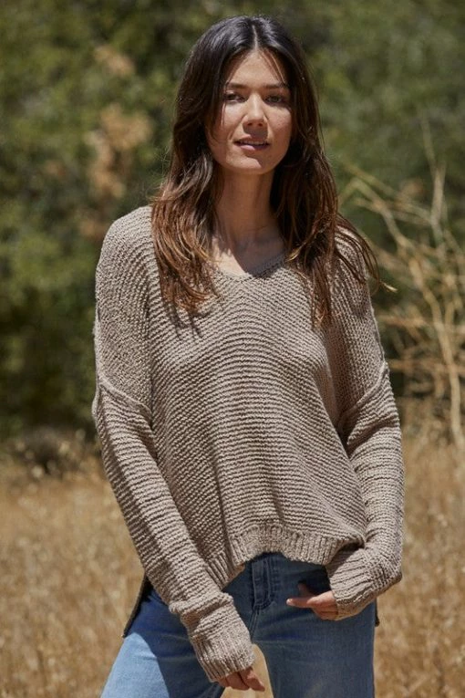 BT TOPS Chasing Rainbows Cotton V-Neck Sweater - Taupe