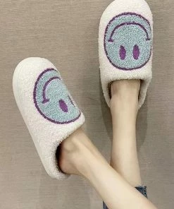 MELODY ACCESSORIES Smiley Face Plush Slippers - Sky Blue