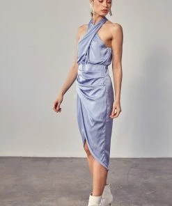 DO + BE COLLECTION DRESSES Mellie Satin Halter Wrap Midi Dress- Misty Blue