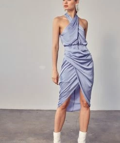 DO + BE COLLECTION DRESSES Mellie Satin Halter Wrap Midi Dress- Misty Blue