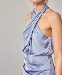 DO + BE COLLECTION DRESSES Mellie Satin Halter Wrap Midi Dress- Misty Blue
