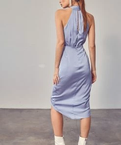 DO + BE COLLECTION DRESSES Mellie Satin Halter Wrap Midi Dress- Misty Blue