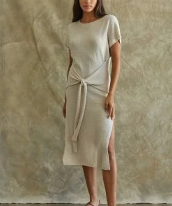 BT DRESSES Teresa Knit Sweater Waist Tie Slit Side Midi Dress