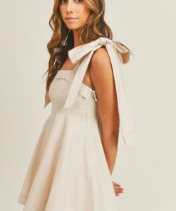 MABLE Ontario Cotton Linen Tie Strap Babydoll Dress- Taupe DRESSES