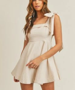 MABLE Ontario Cotton Linen Tie Strap Babydoll Dress- Taupe DRESSES