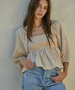 BT BEST SELLERS Nolana Floral Embroidery Balloon Sleeve Smocked Top