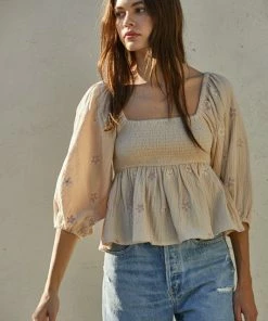 BT BEST SELLERS Nolana Floral Embroidery Balloon Sleeve Smocked Top