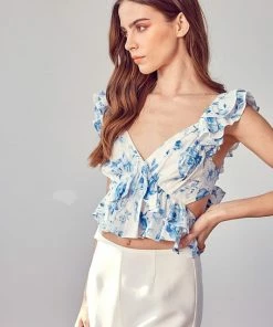 DO + BE COLLECTION TOPS Fine Tune Floral Cutout Ruffle Top