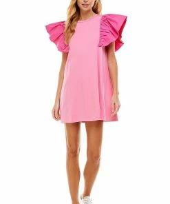 TCEC DRESSES Abby Cotton Blend Flutter Sleeve Dress- Pink