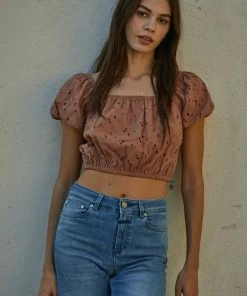 BT BEST SELLERS Kesha Cotton Eyelet Puff Sleeve Crop Top