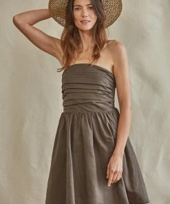 BT Imelda Linen Blend Strapless Pleated Dress