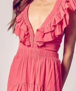 DO + BE COLLECTION Emily Ruffled High Low Maxi Dress - Coral BRIDAL