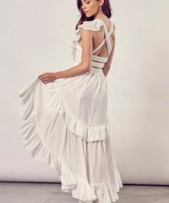 DO + BE COLLECTION Emily Ruffled High Low Maxi Dress - White BRIDAL