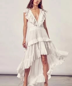 DO + BE COLLECTION Emily Ruffled High Low Maxi Dress - White BRIDAL